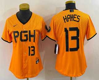 Women%27s Pittsburgh Pirates #13 KeBryan Hayes Number Yellow 2023 City Connect Stitched Jersey1
